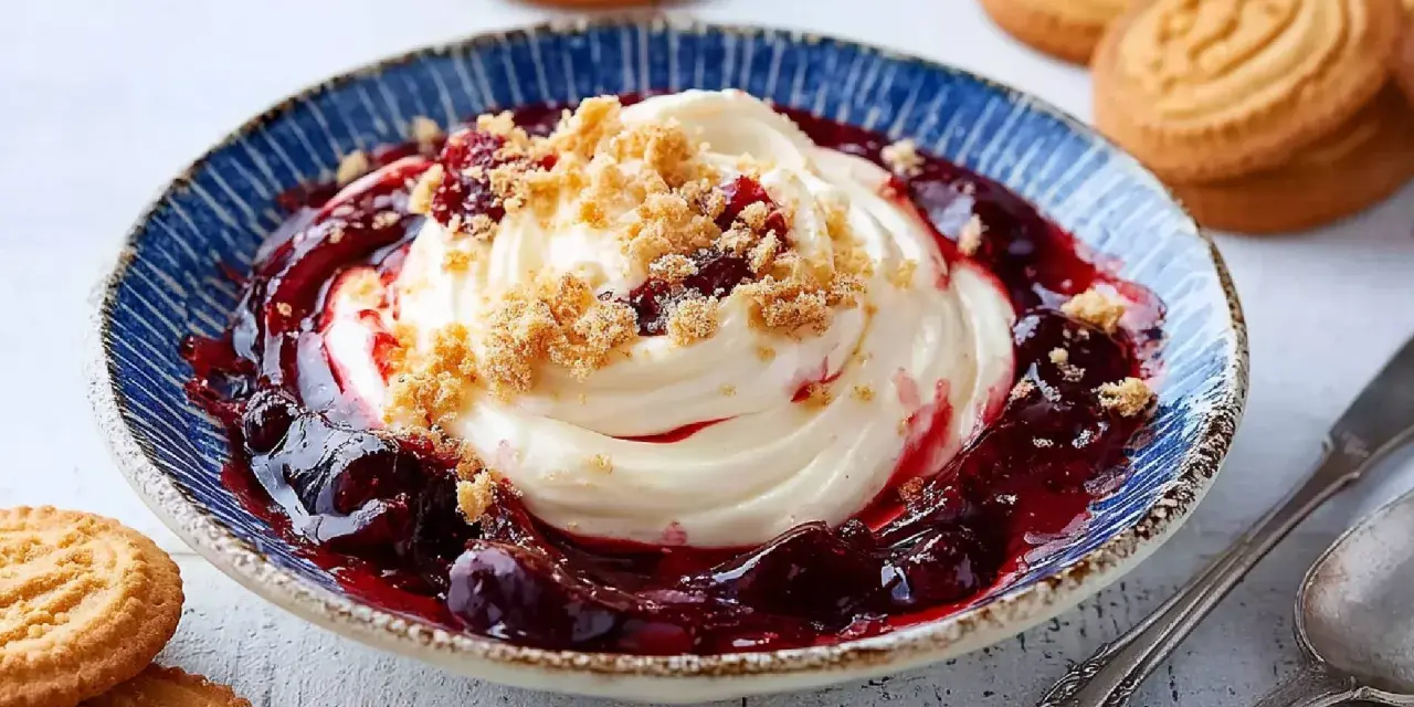 Ein edler Nachtisch: Cremiges Dessert mit Kirschkompott und Keksbröseln in einer blauen Schale, daneben Butterkekse.