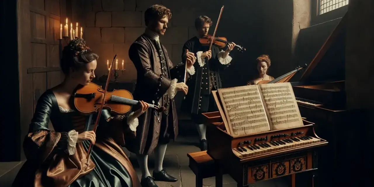 Músicos de época interpretan música en un clavecín y violines, evocando la atmósfera de los compositores del barroco.