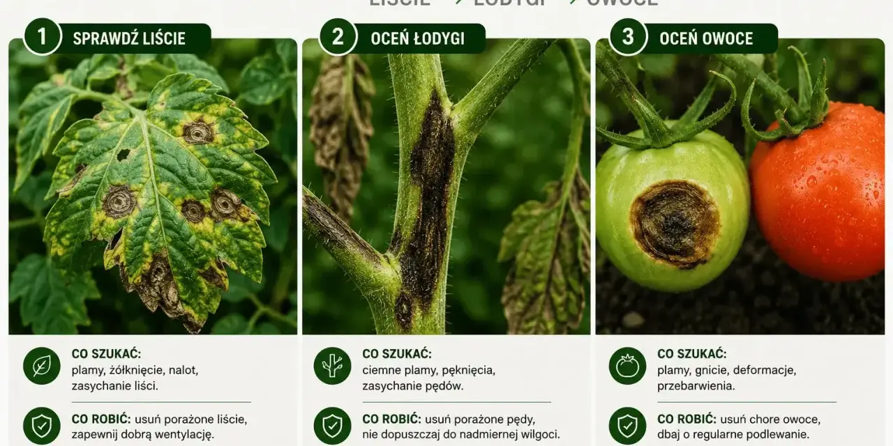 Objawy chorób pomidorów: plamy na liściach, ciemne zmiany na łodygach i gnijące owoce. Szybka reakcja zapobiega rozprzestrzenianiu się chorób.