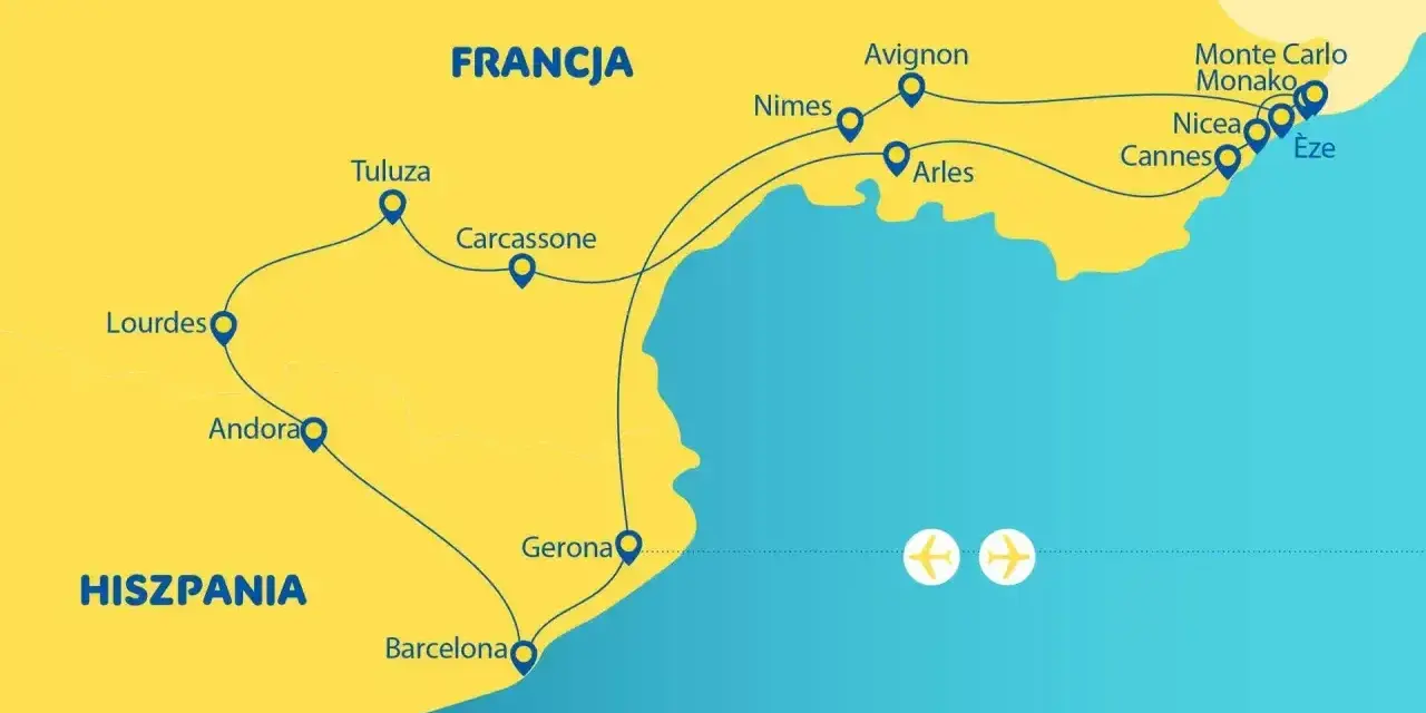 Mapa turystyczna Francji i Hiszpanii, pokazująca trasę przez miasta nad Morzem Śródziemnym, od Barcelony po Monako.
