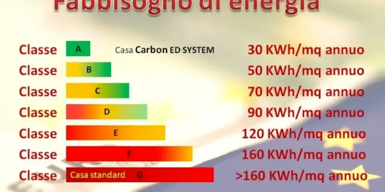 Grafico sul fabbisogno energetico: classe A (30 kWh/mq annuo) fino a G (>160 kWh/mq annuo). La classe D indica 90 kWh/mq annuo.