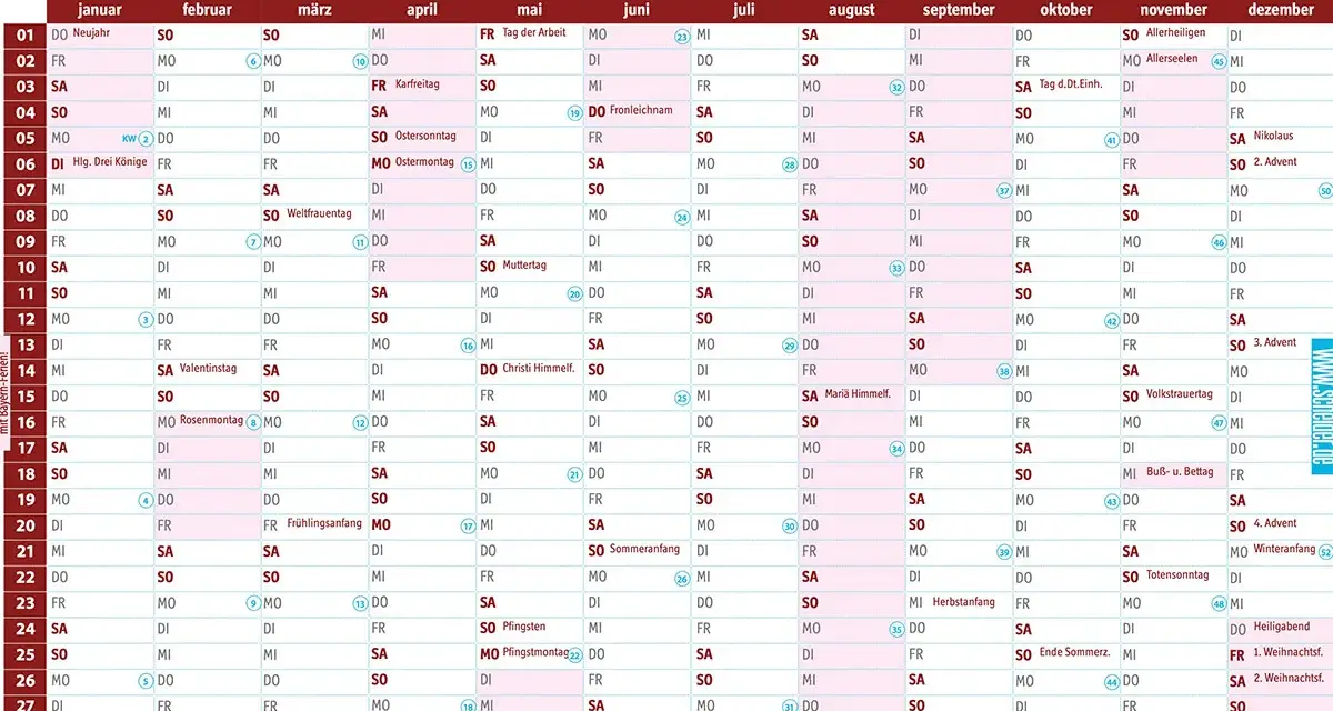 Kalender 2026 mit Monaten, Tagen und Feiertagen in Bayern.