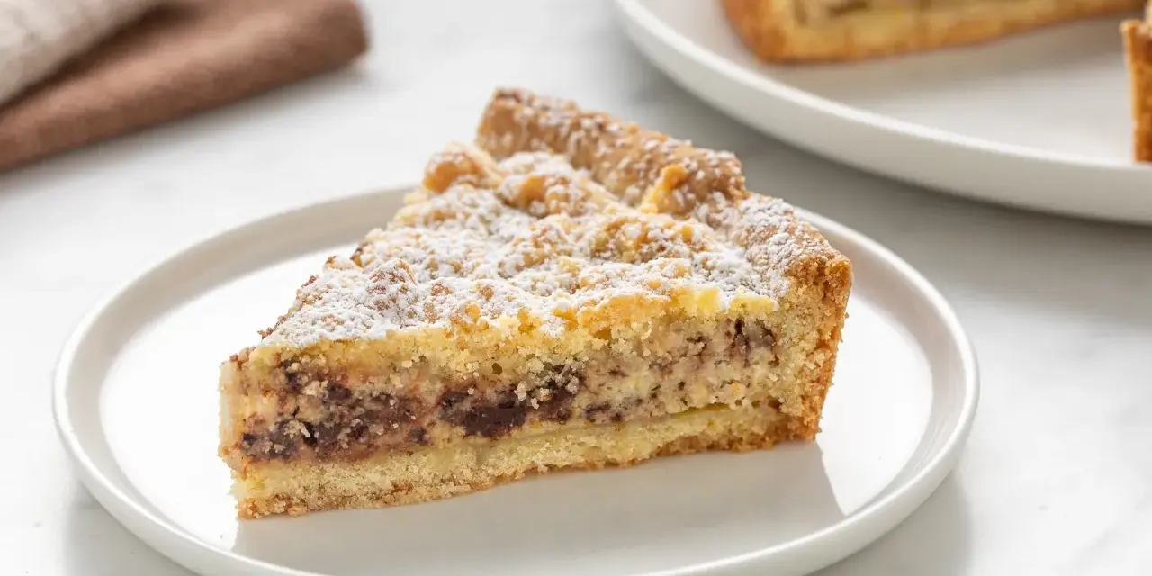Una fetta di torta ricotta e cioccolato cosparsa di zucchero a velo su un piatto bianco.