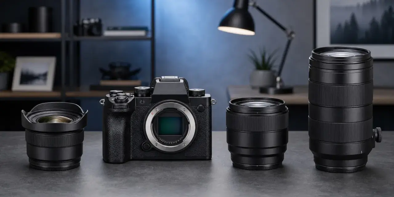Appareil photo noir avec trois objectifs, prêt pour capturer des moments. La mise au point est essentielle, comme une respiration profonde.