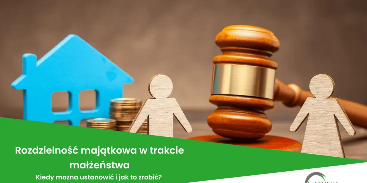 Symboliczne przedstawienie rozdzielności majątkowej: dom, monety, para figur i młotek sędziowski.