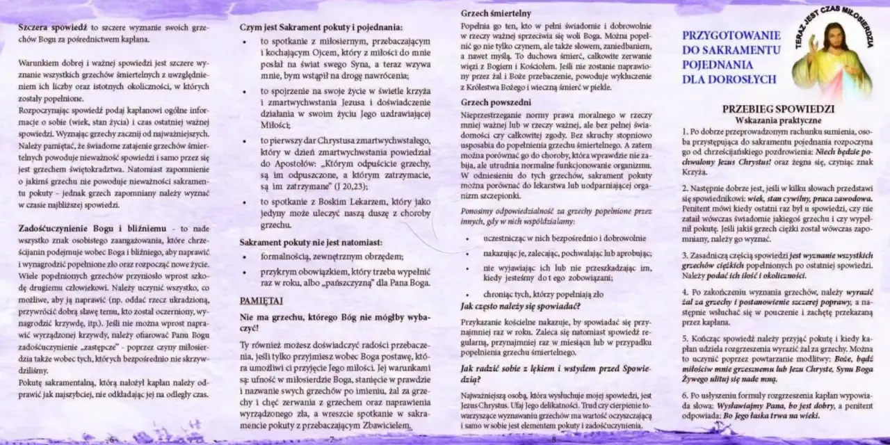 Formuła spowiedzi dla dorosłego: szczere wyznanie grzechów Bogu przez kapłana, by naprawić zło i rozpocząć nowe życie.
