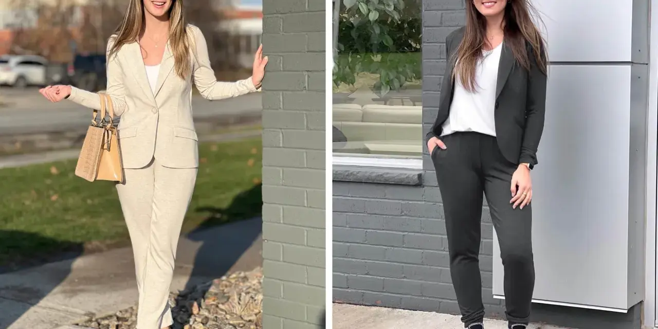 Due donne mostrano un outfit con blazer: una in beige con tacchi, l'altra in grigio scuro con sneakers.