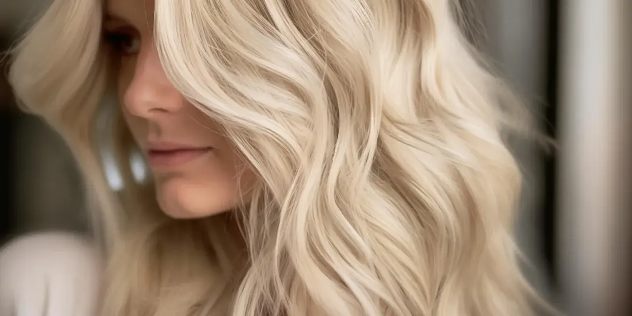 En kvinna med vackert, vågigt hår. Håret har en mellanblond toning på blekt hår, vilket ger en mjuk och naturlig färg.