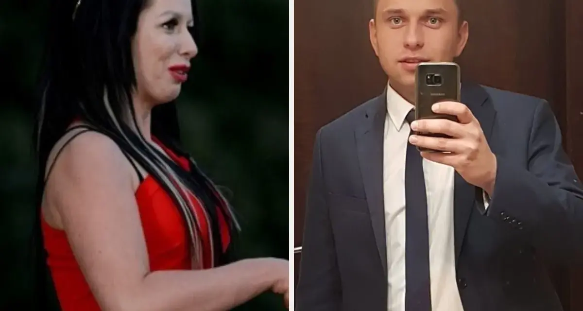 Krzysztof rolnik szuka żony. Obok niego kobieta w czerwonej sukience.