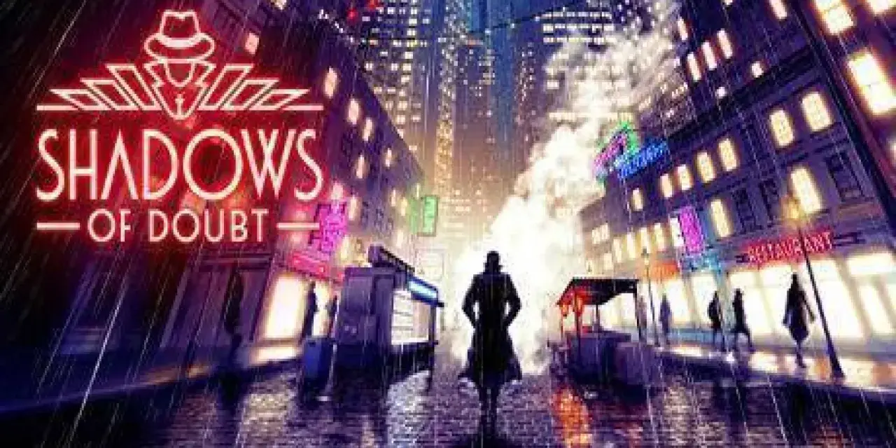 Un detective solitario camina bajo la lluvia en una ciudad nocturna iluminada por neones. El logo de Shadows of Doubt PS4 se cierne sobre la escena.