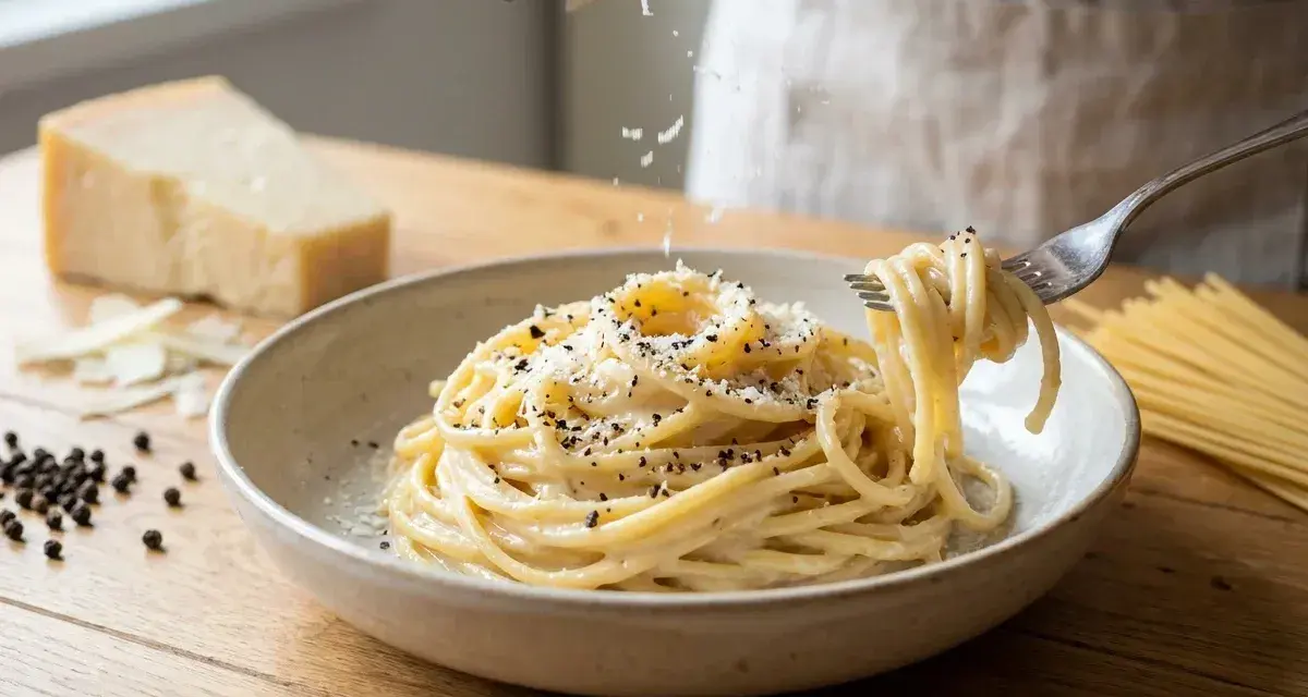 Un plato de cacio e pepe cremoso, con queso rallado cayendo sobre los espaguetis y granos de pimienta negra.