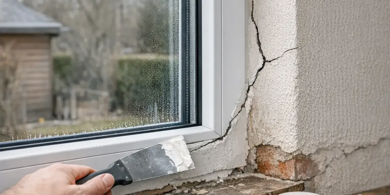 Application d'enduit sur une fissure près d'une fenêtre. Un outil de maçonnerie est utilisé pour réparer le mur extérieur.