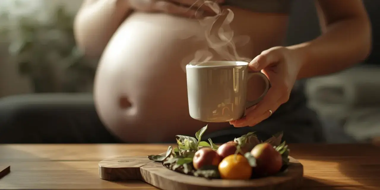 Ciepła herbata w ciąży, parująca z kubka, obok owoców na desce. Chwila spokoju dla przyszłej mamy.