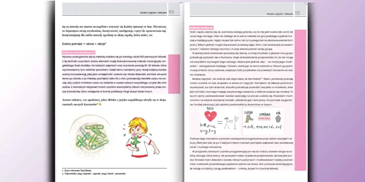 Dzieci z neurodywergencją uczą się przez zabawę i skojarzenia, co widać na ilustracji z kolorowymi spinaczami i rysunkiem chłopca.