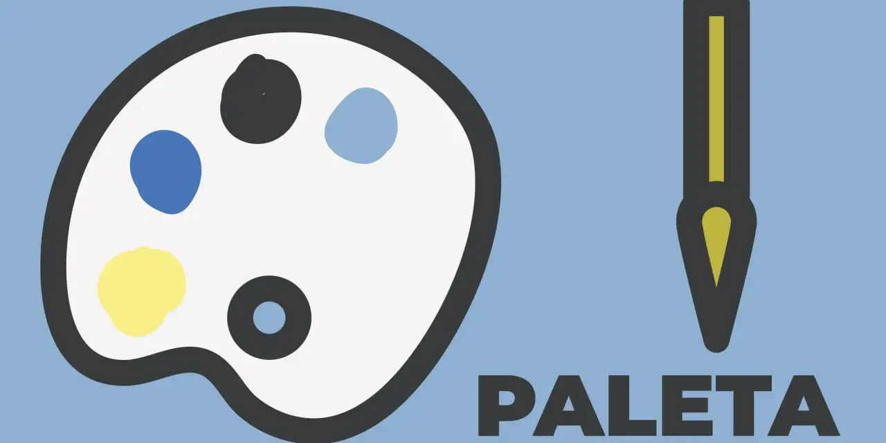 Paleta artysty z plamami żółci, niebieskiego i szarego. Obok pędzel, gotowy do tworzenia kolorów analogicznych.