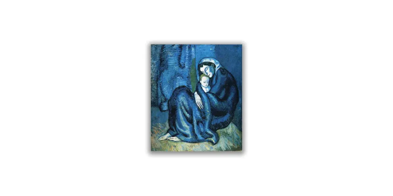 Picasso barn i blå perioden. En mor håller sitt barn tätt intill sig, omsvepta i blå tyger.