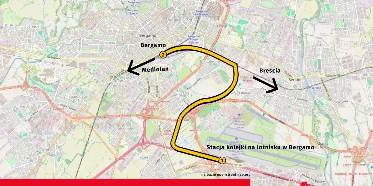 Mapa pokazuje trasę kolejową z lotniska Bergamo do Mediolanu i Bergamo.