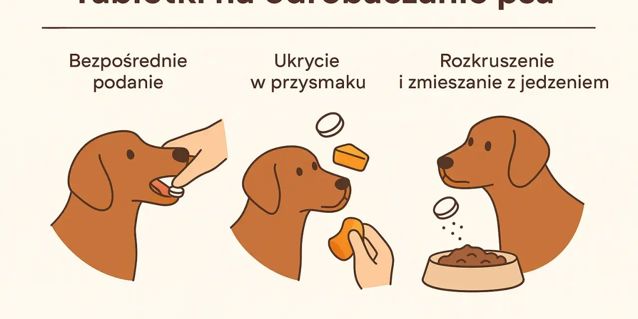 Ilustracja pokazuje trzy sposoby podawania psu tabletki: bezpośrednio, ukrytą w przysmaku i rozkruszoną w jedzeniu.