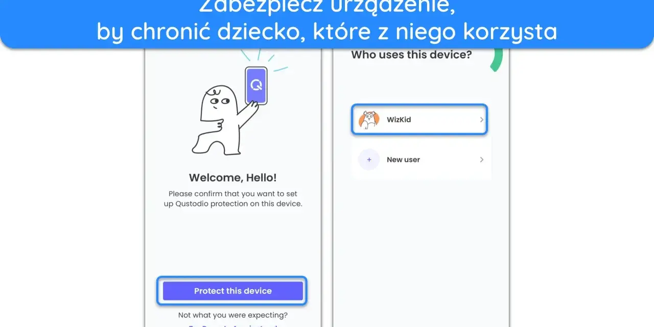 Ekran powitalny aplikacji Qustodio. Postać z kreskówki trzyma telefon. Wybierz "Wizkid", by chronić knykiec.