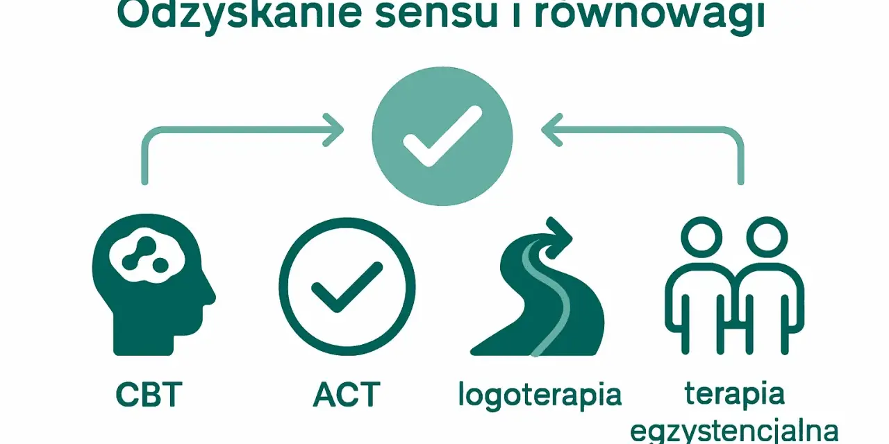 Grafika przedstawia metody radzenia sobie z kryzysem egzystencjalnym: CBT, ACT, logoterapię i terapię egzystencjalną.