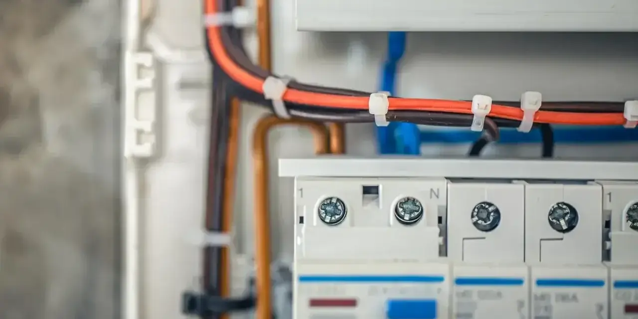 Szczegółowy widok instalacji elektrycznej w domu: przewody w kolorach czarnym i pomarańczowym, zabezpieczone opaskami, prowadzą do białej skrzynki z bezpiecznikami.