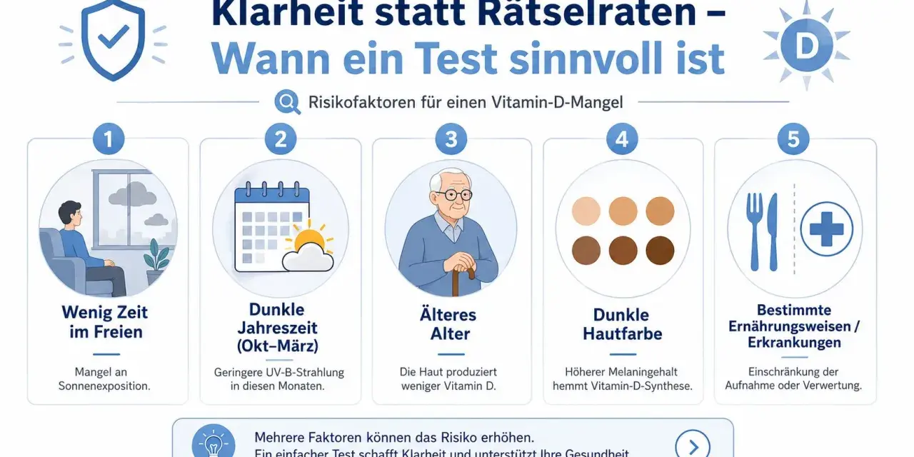 Risikofaktoren für Vitamin-D-Mangel: wenig Zeit draußen, dunkle Jahreszeit, höheres Alter, dunkle Hautfarbe, bestimmte Ernährung/Erkrankungen. Ein Test gibt Klarheit, wie lange es dauert, bis Vitamin D-Mangel behoben ist.