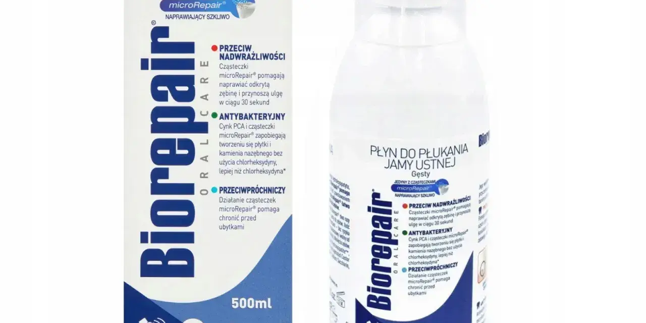 Płyn do płukania jamy ustnej Biorepair z cząsteczkami microRepair, bez alkoholu i chlorheksydyny, naprawia szkliwo i chroni przed próchnicą.