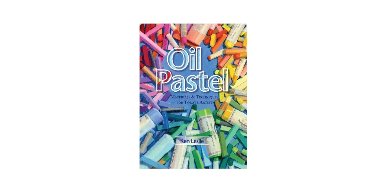 Boken "Oil Pastel" visar hur man kan måla med oljekritor. Massor av färgglada kritor i olika nyanser av blått, grönt, rosa och gult.