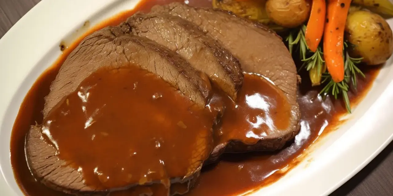 Fette fette di brasato ricetta con salsa, contornate da patate novelle, carote e rosmarino.