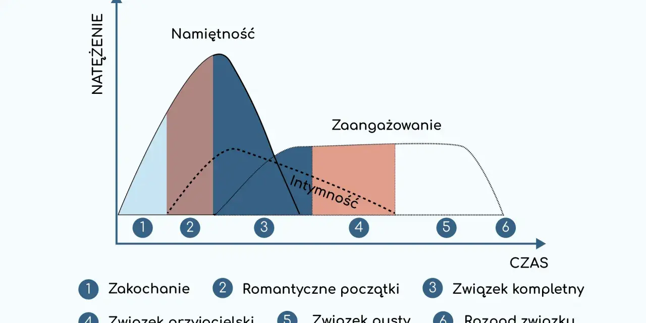 Wykres pokazuje etapy związku: od zauroczenia, przez namiętność, intymność, zaangażowanie, aż po rozpad. Brak relacji z mężem może oznaczać etap pustego związku.