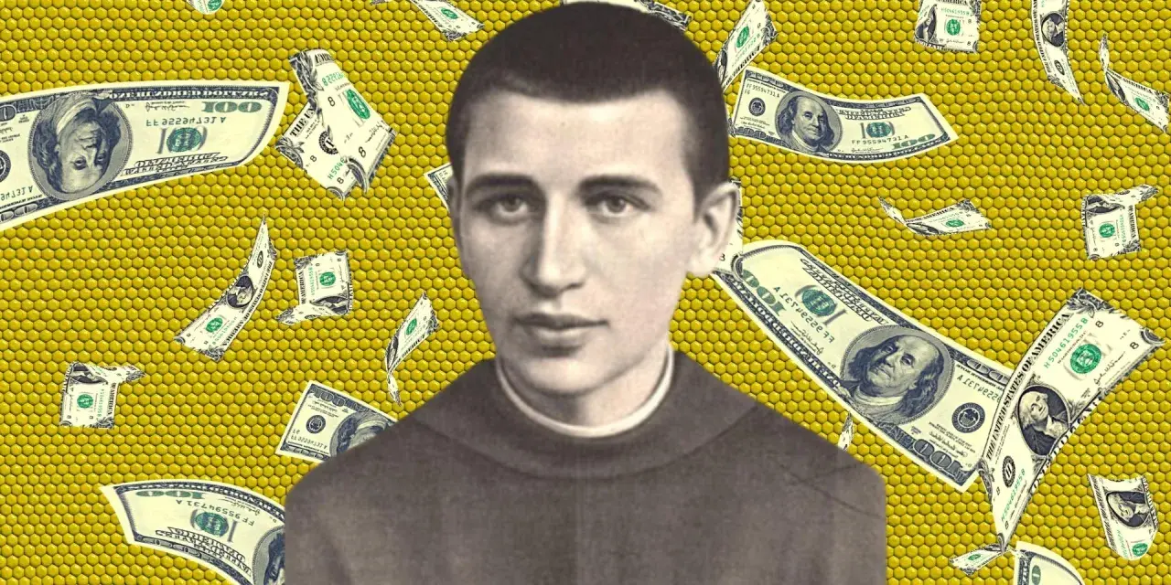 Wenanty Katarzyniec w otoczeniu spadających dolarów, symbolizujących modlitwę o pomoc finansową.