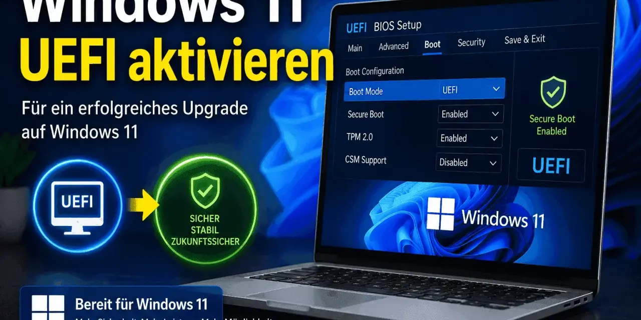 Anleitung: Windows 11 erfordert UEFI. Das Bild zeigt, wie man im BIOS/UEFI-Setup die Option "Boot Mode" auf UEFI stellt, um TPM 2.0 und Secure Boot zu aktivieren.