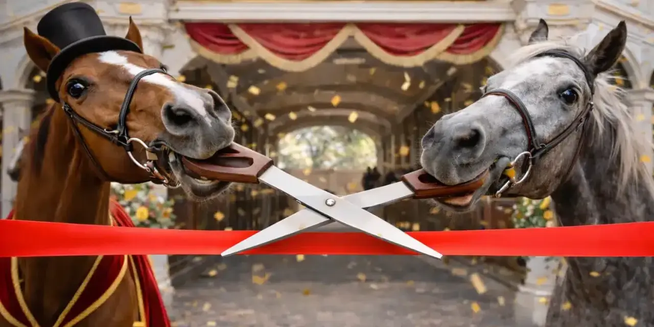 Deux chevaux coupent un ruban rouge avec des ciseaux, sous l'enseigne "HORSE PALACE". Une scène festive pour l'ouverture d'une pension cheval.