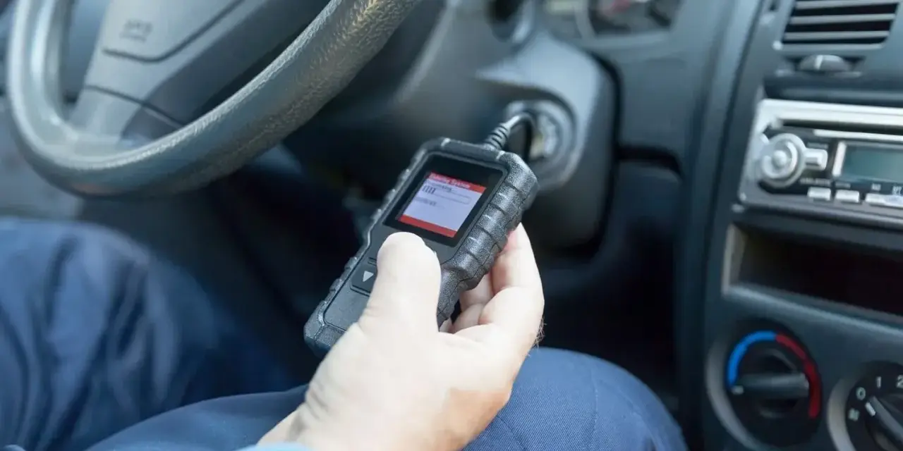 Diagnostyka Opla z kodem DTC U0415. Mechanik sprawdza błędy w samochodzie za pomocą czytnika OBD.