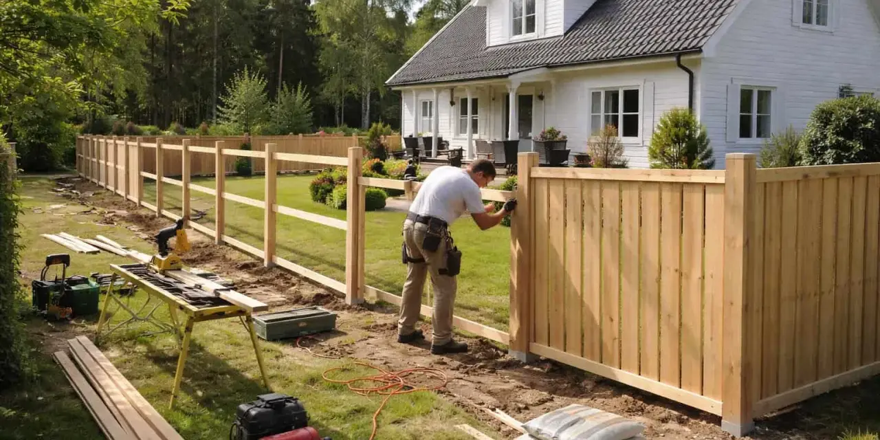 Man bygger staket runt ett vitt hus. Verktyg och material ligger utspritt på gräsmattan.