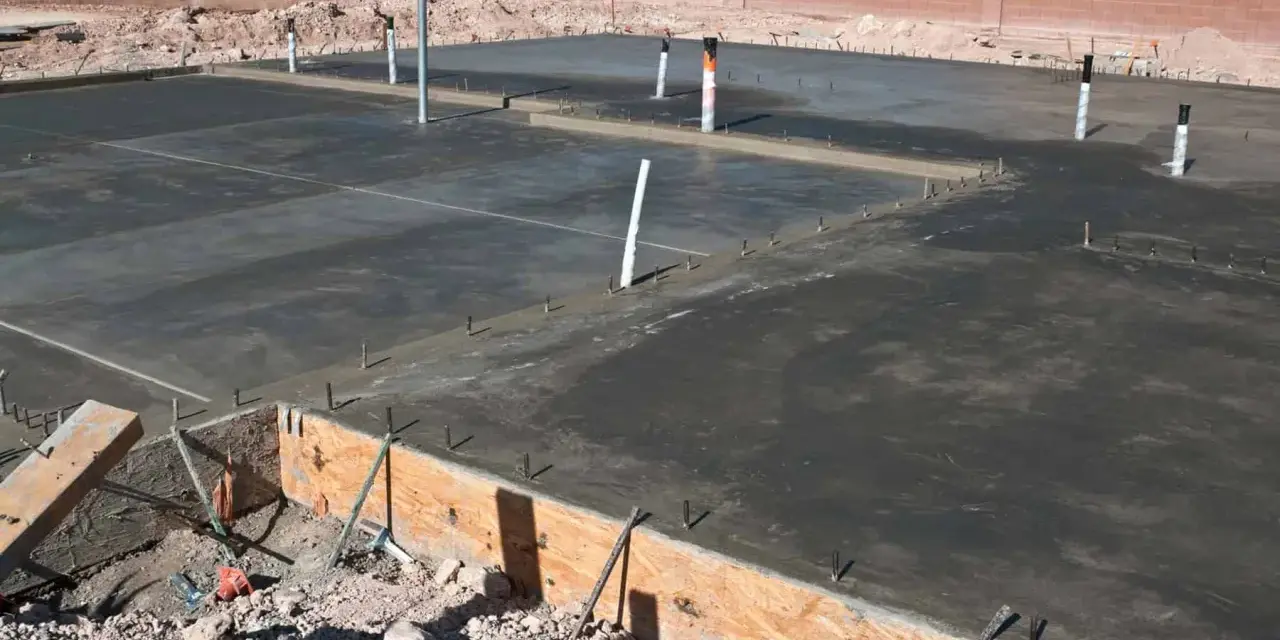 Świeżo wylany beton na budowie, widoczna izolacja pozioma fundamentów, rury i zbrojenie.