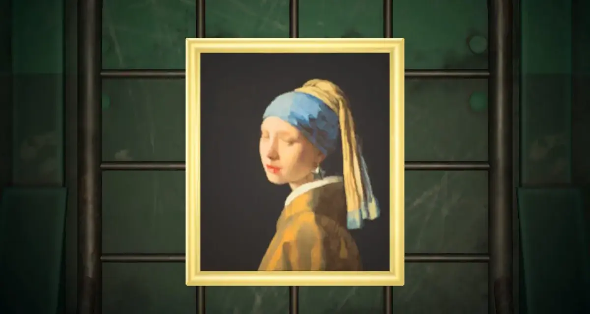 Una de las obras de arte de Animal Crossing, "Muchacha con turbante azul", cuelga en una pared verde.