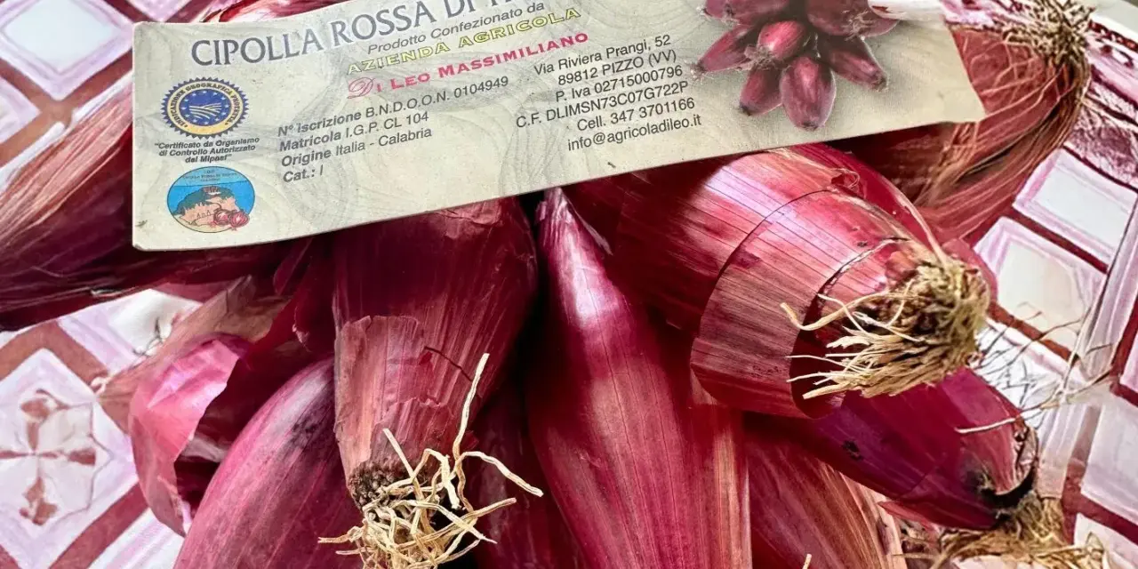 Un fascio di cipolle rosse di Tropea, con la loro etichetta che ne certifica l'origine calabrese.