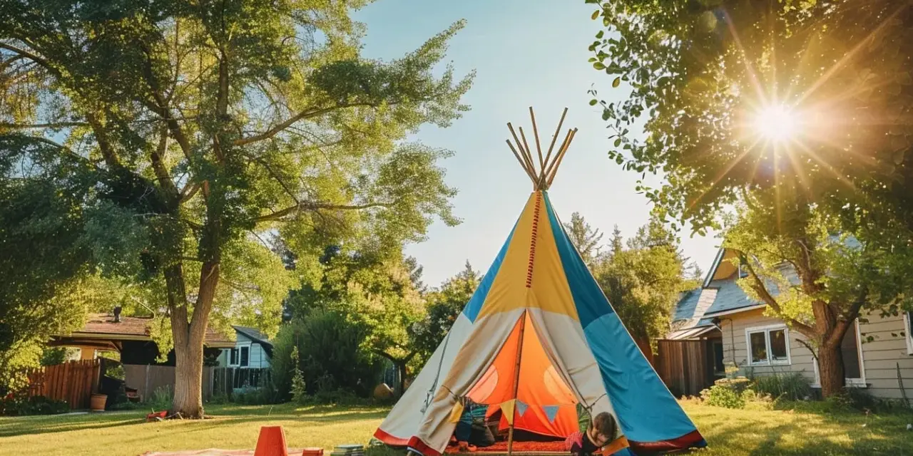 Un enfant joue dans un tipi coloré, parfait pour fabriquer un tipi extérieur en bois. Le soleil brille à travers les arbres.