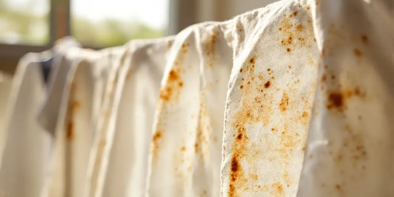 Tessuti bianchi appesi con macchie arrugginite. Scopri come togliere le macchie di ferro dai tessuti per farli tornare come nuovi.