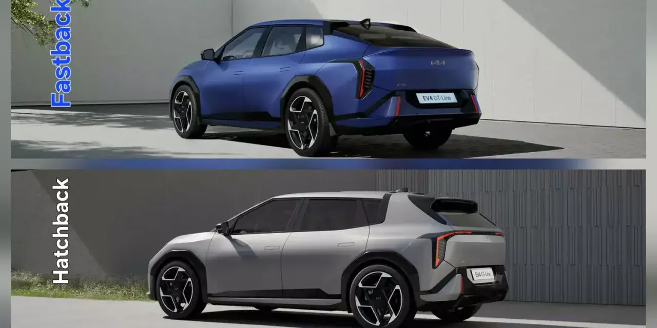 Dwa warianty Kii EV4: niebieski fastback i srebrny hatchback, pokazane z tyłu.