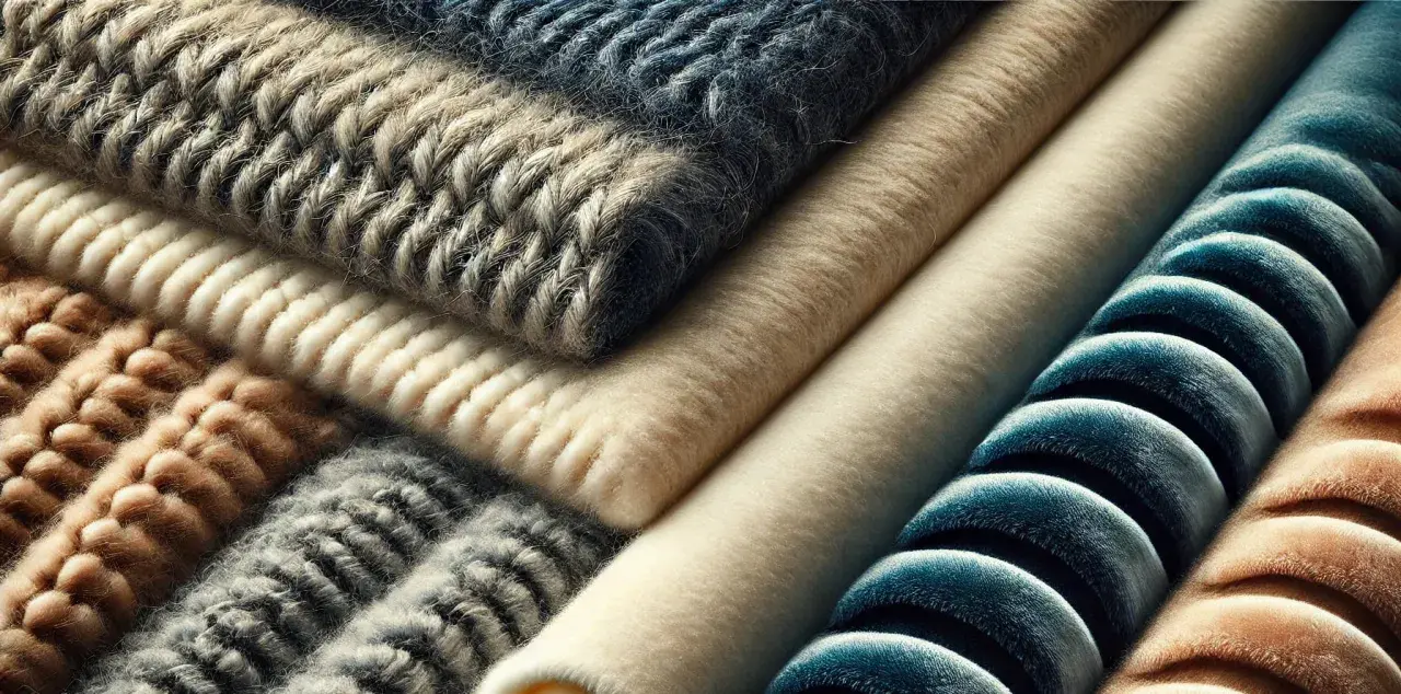Superposition de textures douces : lainages torsadés, velours côtelé bleu, et matière plaid douce et chaude.