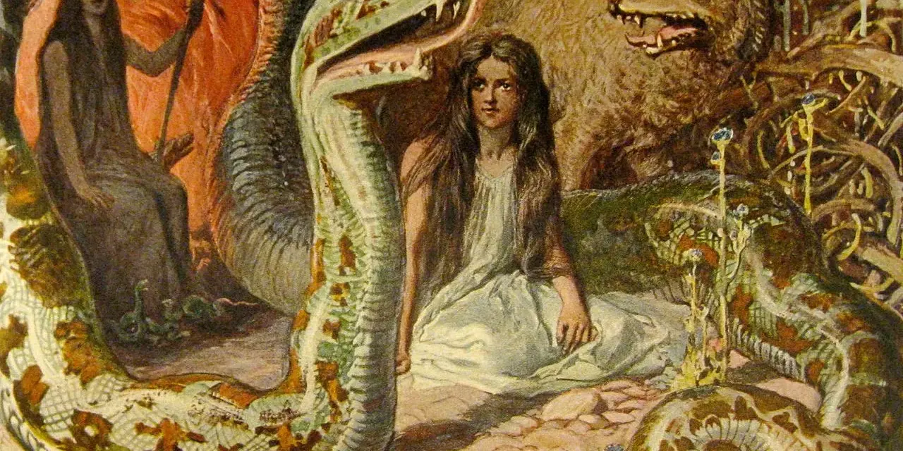 A young woman sits between a giant serpent and a wolf, a scene from Norse mythology depicting Loki's children.