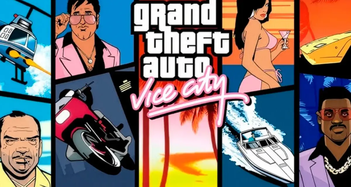 Portada GTA Vice City: collage de personajes, vehículos y el logo del juego.
