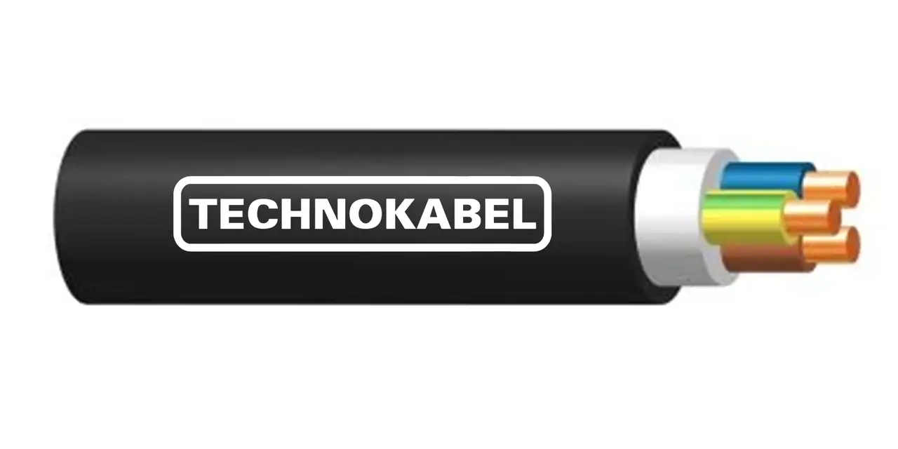 Przekrój kabla n2xh z widocznymi żyłami w izolacjach: niebieskiej, żółto-zielonej i brązowej. Logo "TECHNOKABEL".