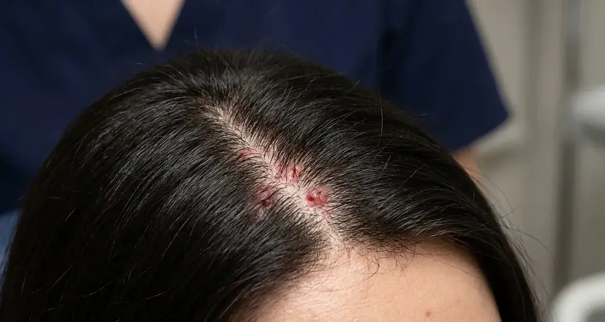 Lesiones rojas y elevadas en el cuero cabelludo, indicativas de foliculitis.