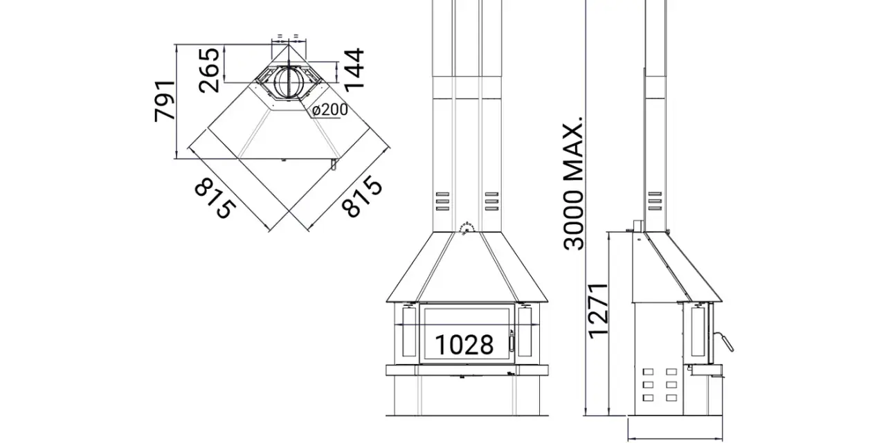 Disegni tecnici con misure per costruire un camino a legna. Dettagli su dimensioni e diametro del condotto.