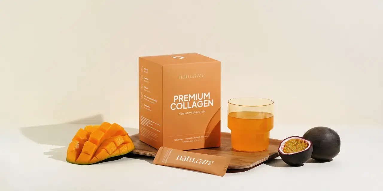 Pudełko kolagenu rybiego o smaku mango-marakuja, szklanka napoju, kawałek mango i marakuja. Wsparcie dla fibroblastów i zdrowej skóry.
