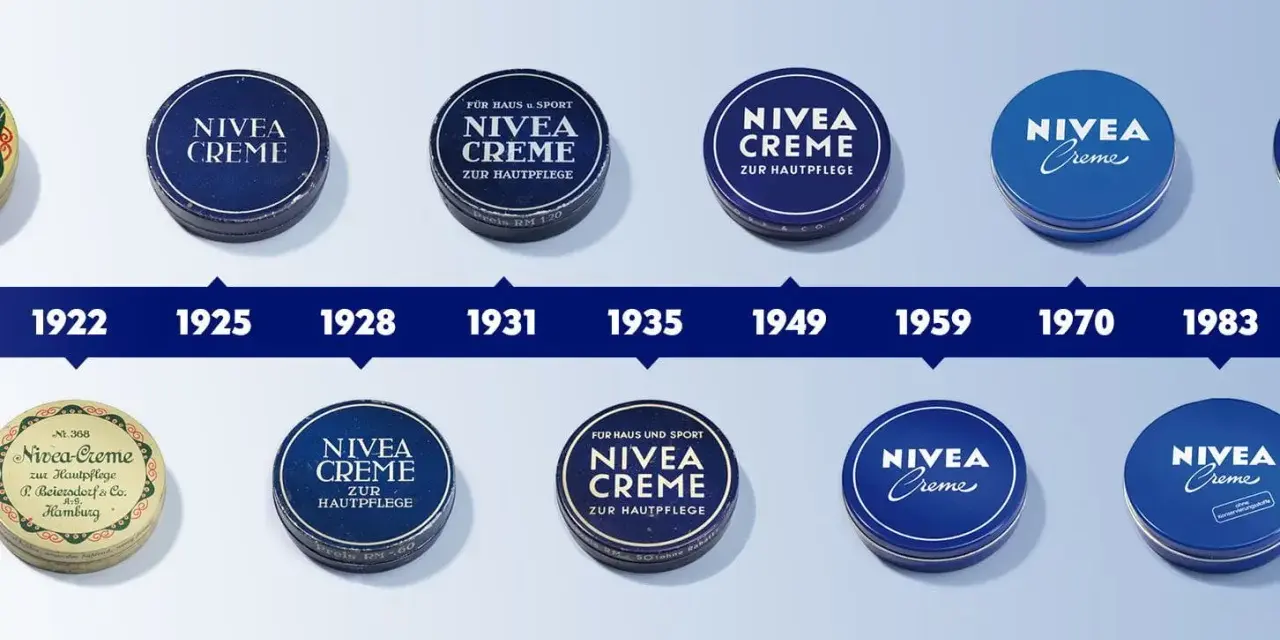 Ewolucja opakowań Nivea Creme od 1922 do 1983 roku. Klasyczne niebieskie puszki, które zawierają krem Nivea, zmieniały swój design na przestrzeni lat.