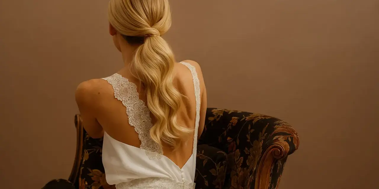 Une invitée de mariage arbore une élégante robe blanche et une queue de cheval blonde, assise sur un fauteuil fleuri.